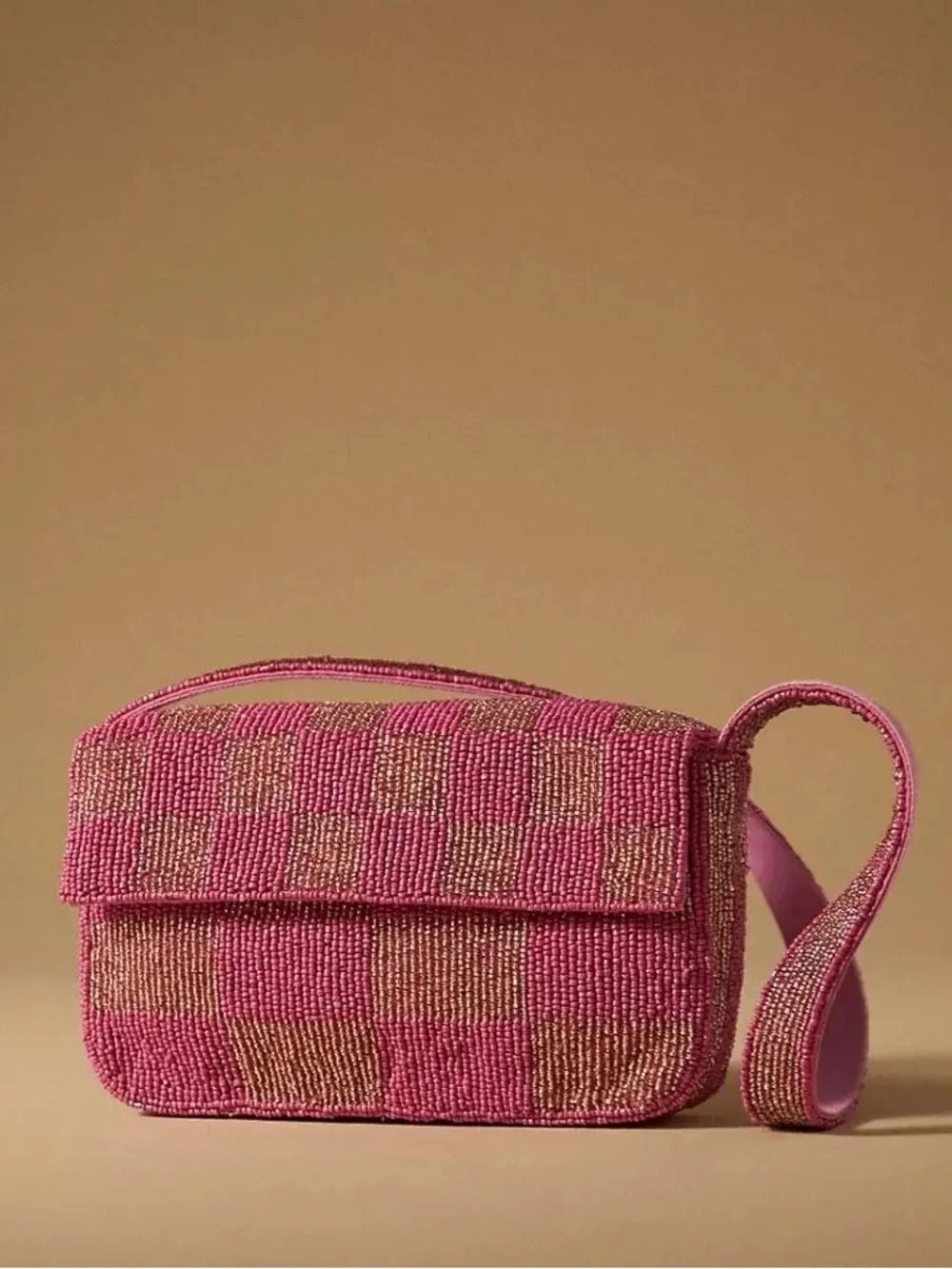 Anthropologie Pink Beaded Checkered Shoulder Bag